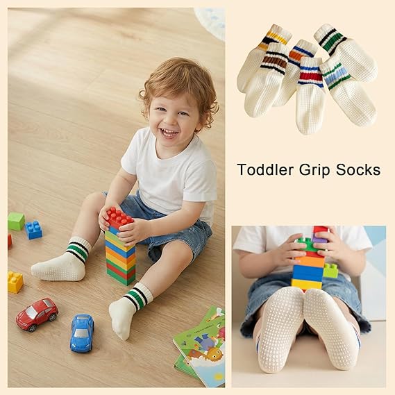 Toddler Non-Slip Socks,Unisex Baby Grip Crew Seamless Cotton Socks with Retro Stripe for Boys Girls Kids
