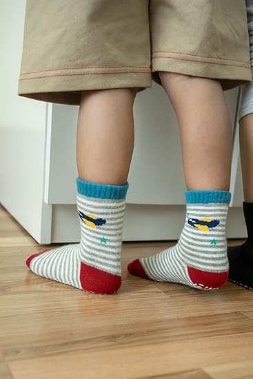 Non Skid Anti Slip Crew Socks With Grips for Baby Infant Toddlers Kids Boys