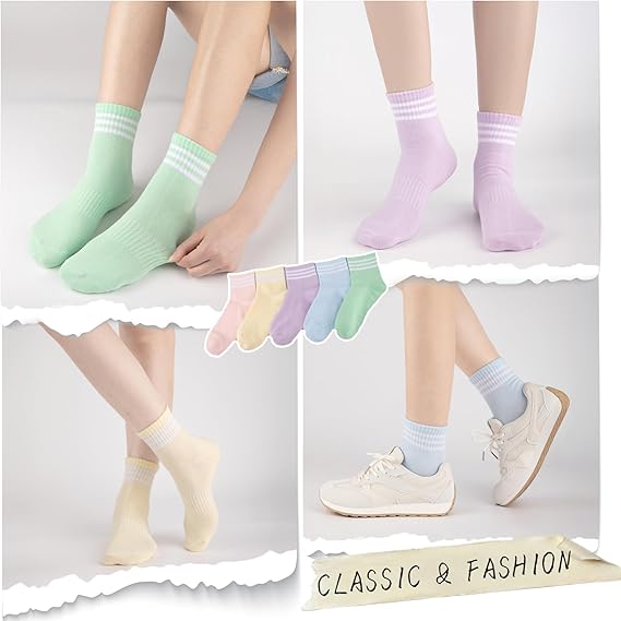 Womens Ankle Quarter Socks Cotton Striped Athletic Casual Mini Crew Socks for Women