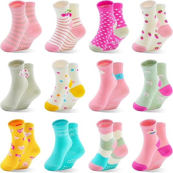 Toddler Girl Socks, Non-Slip Cartoon Crew Socks with Grips for 6-12 Month Baby 1-7 Years Kids