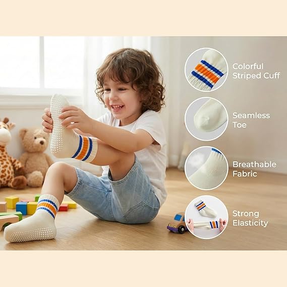 Toddler Non-Slip Socks,Unisex Baby Grip Crew Seamless Cotton Socks with Retro Stripe for Boys Girls Kids