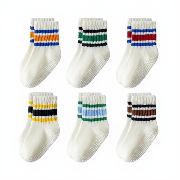 Toddler Non-Slip Socks,Unisex Baby Grip Crew Seamless Cotton Socks with Retro Stripe for Boys Girls Kids