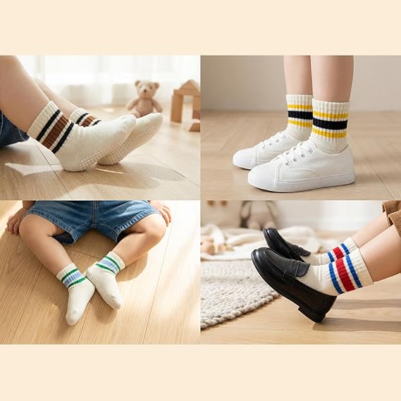 Toddler Non-Slip Socks,Unisex Baby Grip Crew Seamless Cotton Socks with Retro Stripe for Boys Girls Kids