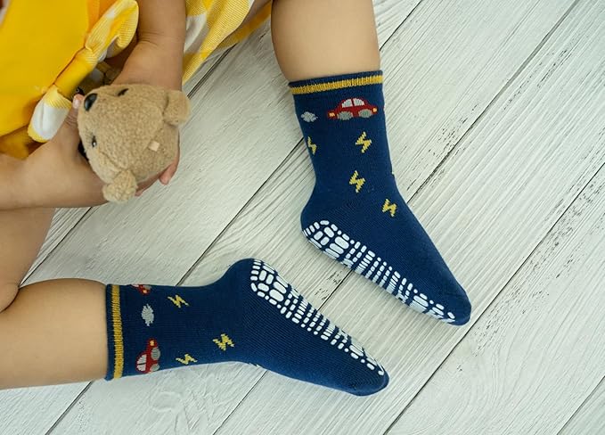 Non Skid Anti Slip Crew Socks With Grips for Baby Infant Toddlers Kids Boys