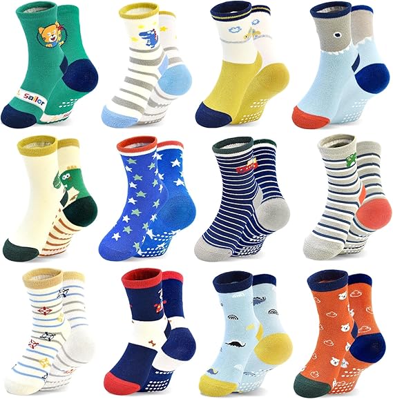 Toddler Girl Socks, Non-Slip Cartoon Crew Socks with Grips for 6-12 Month Baby 1-7 Years Kids
