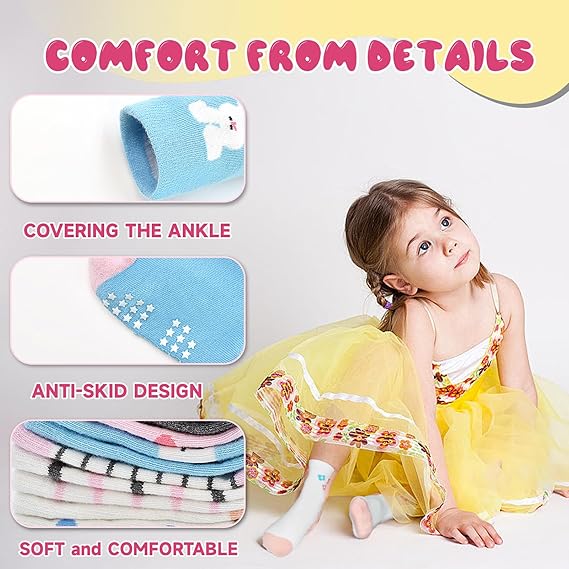 Toddler Girl Socks, Non-Slip Cartoon Crew Socks with Grips for 6-12 Month Baby 1-7 Years Kids