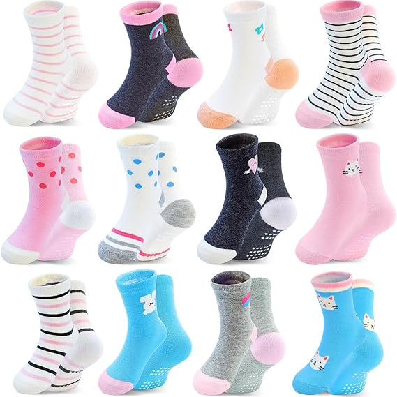Toddler Girl Socks, Non-Slip Cartoon Crew Socks with Grips for 6-12 Month Baby 1-7 Years Kids