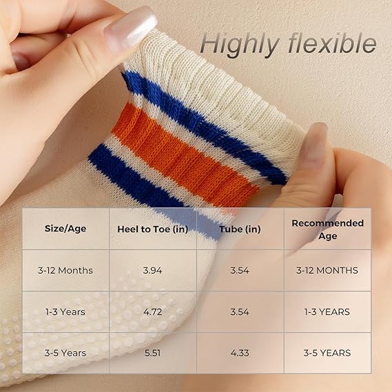 Toddler Non-Slip Socks,Unisex Baby Grip Crew Seamless Cotton Socks with Retro Stripe for Boys Girls Kids