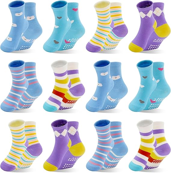 Toddler Girl Socks, Non-Slip Cartoon Crew Socks with Grips for 6-12 Month Baby 1-7 Years Kids