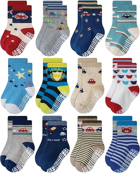 Non Skid Anti Slip Crew Socks With Grips for Baby Infant Toddlers Kids Boys
