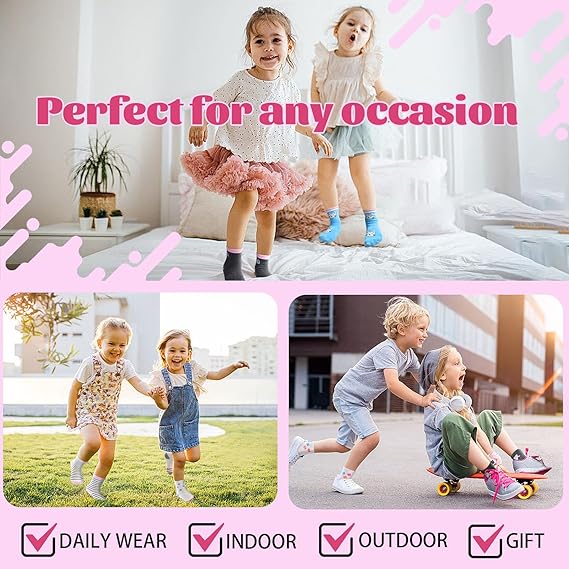 Toddler Girl Socks, Non-Slip Cartoon Crew Socks with Grips for 6-12 Month Baby 1-7 Years Kids