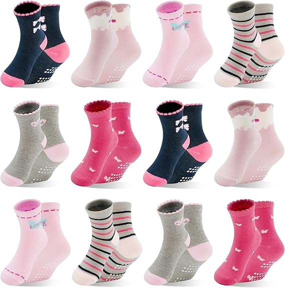 Toddler Girl Socks, Non-Slip Cartoon Crew Socks with Grips for 6-12 Month Baby 1-7 Years Kids