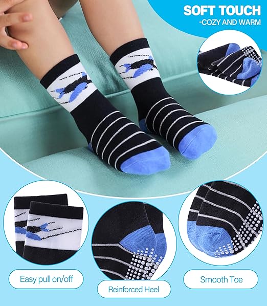 Toddlers Boys Non Slip Grip Socks Crew Cotton Socks with Grippers