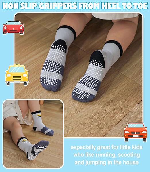Toddlers Boys Non Slip Grip Socks Crew Cotton Socks with Grippers