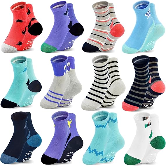 Toddler Girl Socks, Non-Slip Cartoon Crew Socks with Grips for 6-12 Month Baby 1-7 Years Kids