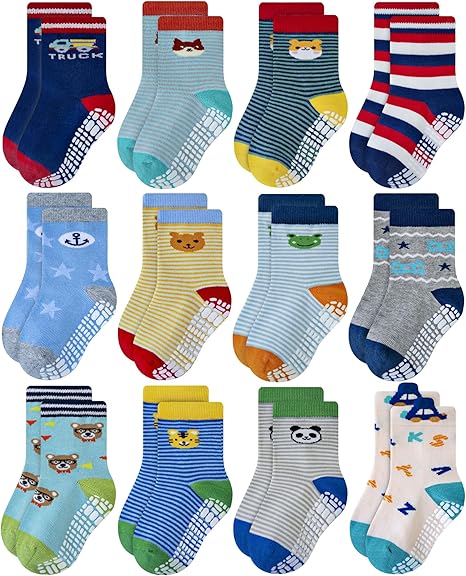 Non Skid Anti Slip Crew Socks With Grips for Baby Infant Toddlers Kids Boys