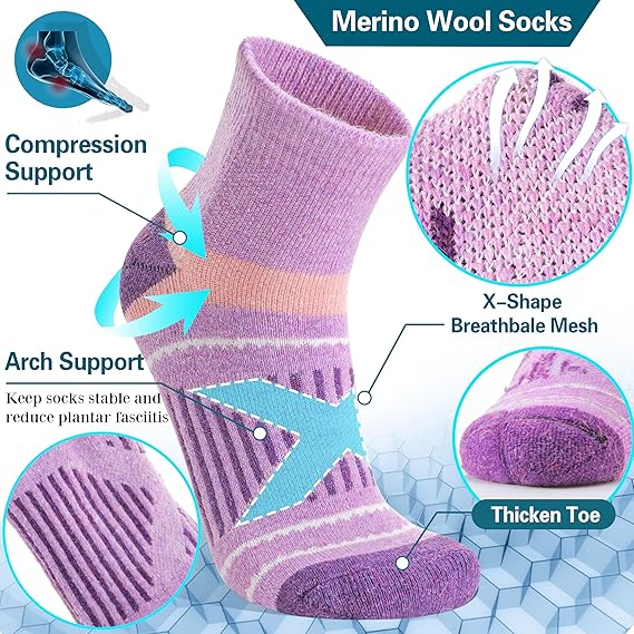 Merino Wool Ankle Hiking Running Socks Compression Support Thick Cushion