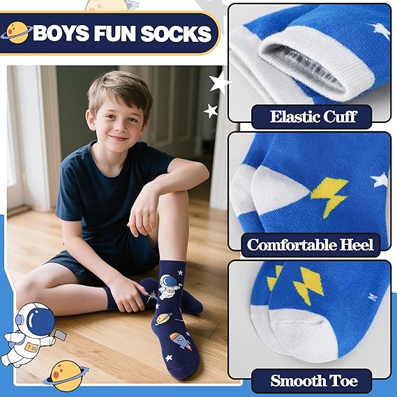 Kids Boys Fun Cotton Crew Socks Funny Crazy Cartoon Novelty Space Trucks Star Dress Socks