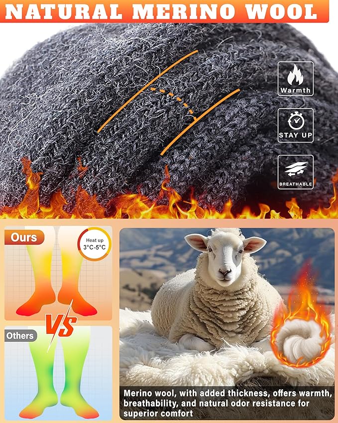 Merino Wool Ski Socks, Cold Weather Socks for Snowboarding, Snow, Winter, Thermal Knee-high Warm Socks, Hunting