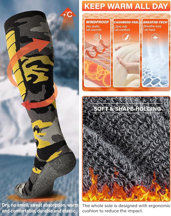 Merino Wool Ski Socks, Cold Weather Socks for Snowboarding, Snow, Winter, Thermal Knee-high Warm Socks, Hunting