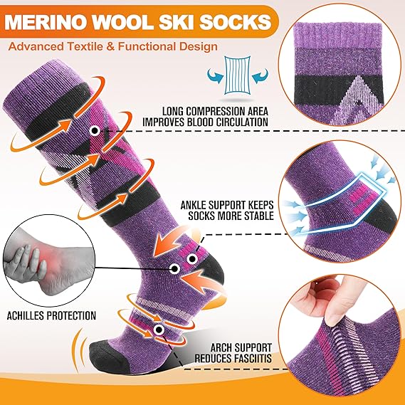 Merino Wool Ski Socks for Womens Mens Thermal Winter Warm Thick Knee High Socks for Skiing Snowboarding