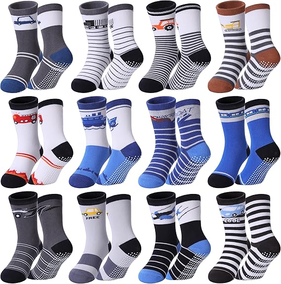 Toddlers Boys Non Slip Grip Socks Crew Cotton Socks with Grippers