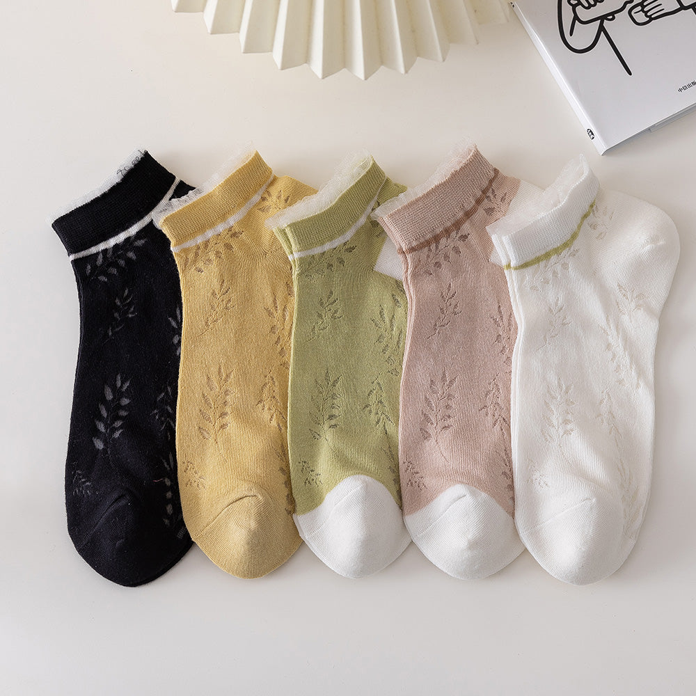 Women's Ankle Sock Leaves Pattern Lace-edged