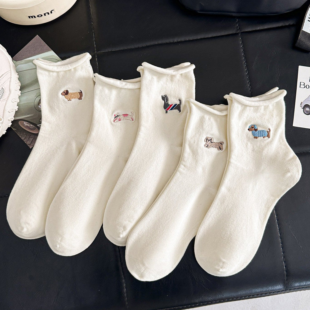 Women’s Roll Top Dog Embroidered Ankle Sock