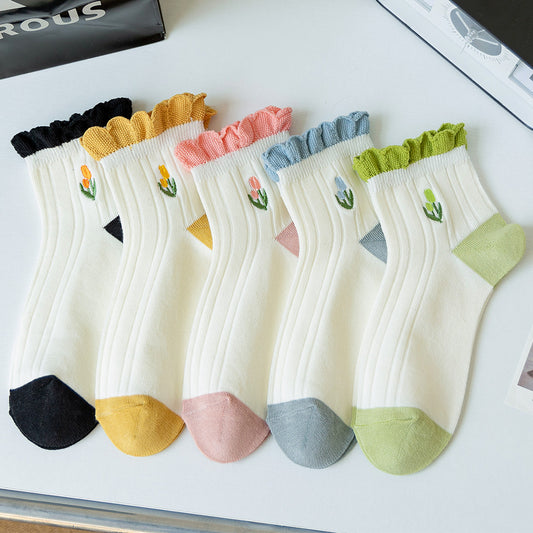 Women's Ruffle Floral Embroidered Ankle Sock